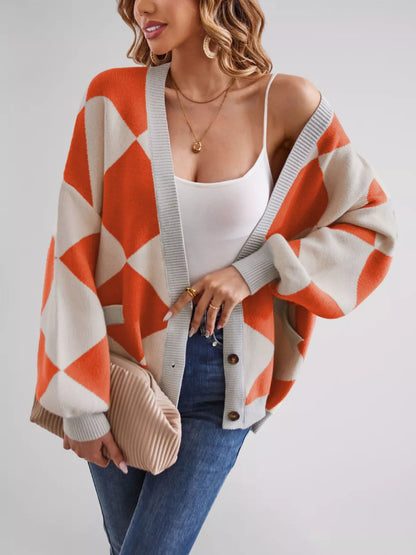 Sarah Express Women's Diamond Pattern Button-Up Knit Cardigan