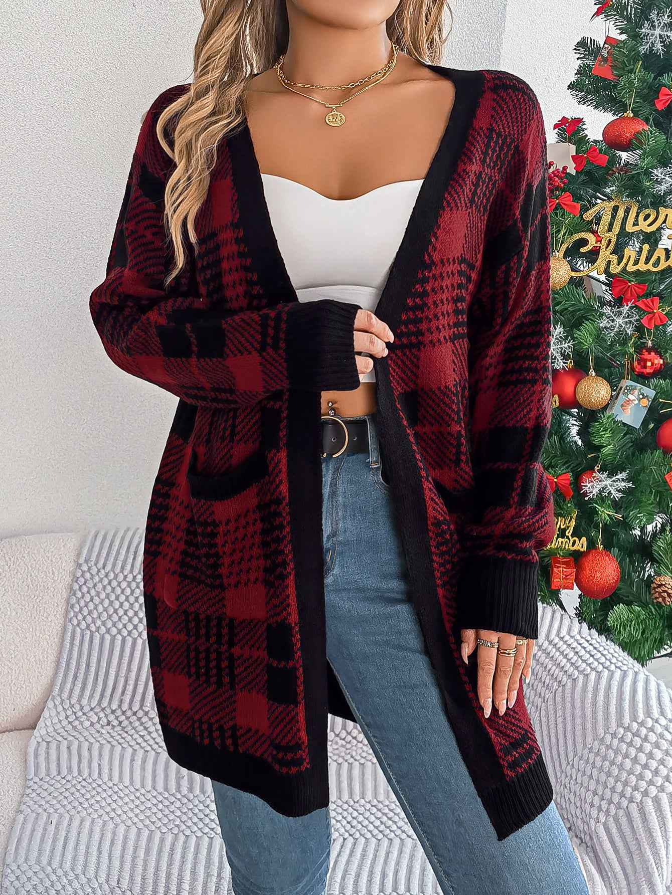 Sarah Express Women's Color Block Plaid Cardigan Sweater with Pockets - Long Sleeve Street Style Coat