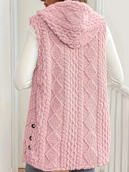 Sarah Express Women's Hooded Button-Up Sherpa Vest Coat