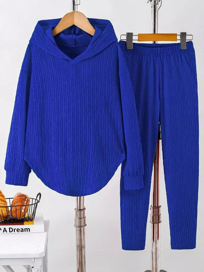 Sarah Express Women's Textured Long Sleeve Hoodie and Pants Set Blue