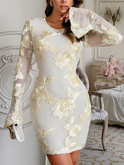 Sarah Express Women's Flower Round Neck Long Sleeve Dress