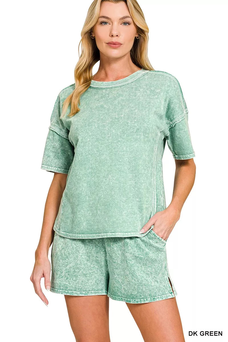 Sarah Express Women's Snow Washed Short Sleeve Tee and Shorts Lounge Set DK GREEN