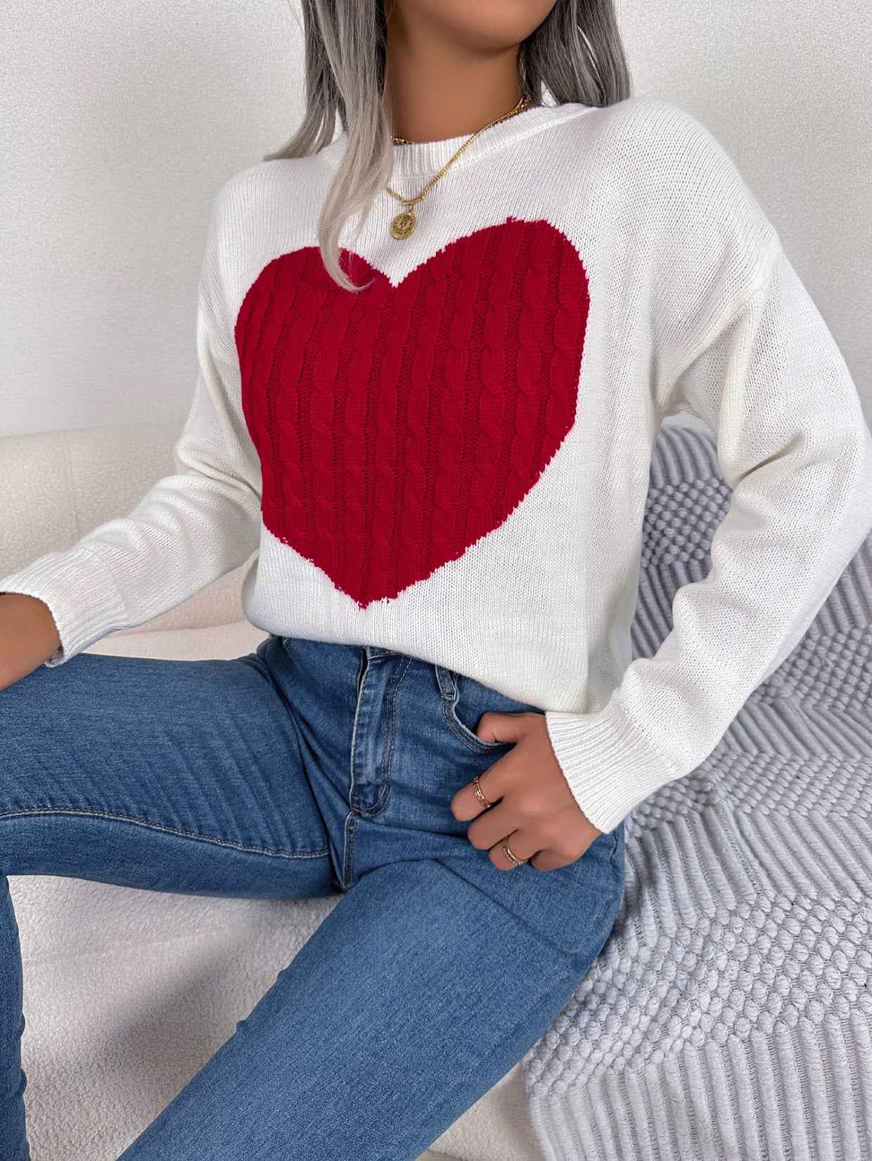 Sarah Express Women's Cable Knit Heart Pattern Pullover Sweater Long Sleeve