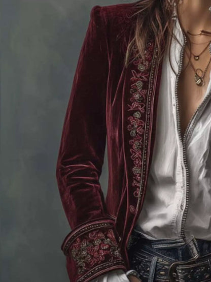 Sarah Express Women's Embroidered Velvet Jacket - Long Sleeve Outerwear