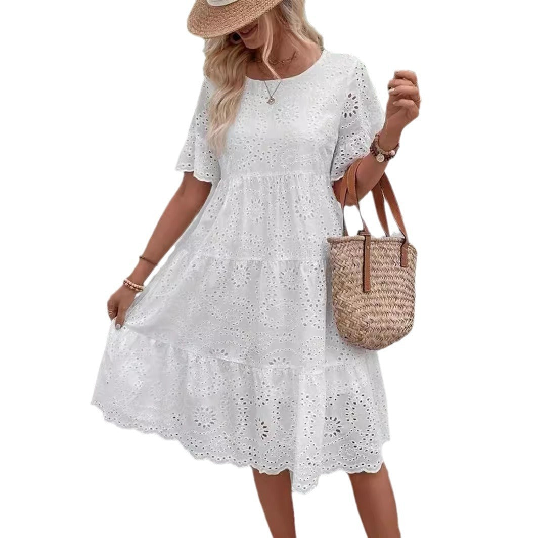 Sarah Express Women's Embroidered Floral Maxi Dress Ruffle Sleeve A-Line White Cotton Blend