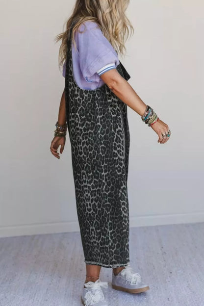 Sarah Express Women's Leopard Print Denim Overalls - Adjustable Strap Cropped Loose Fit Jumpsuit