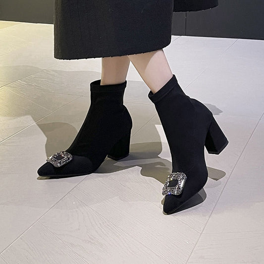 Sarah Express Women's Pointed-Toe Chunky Heel Ankle Boots | Suede Slip-On Block Heel Booties