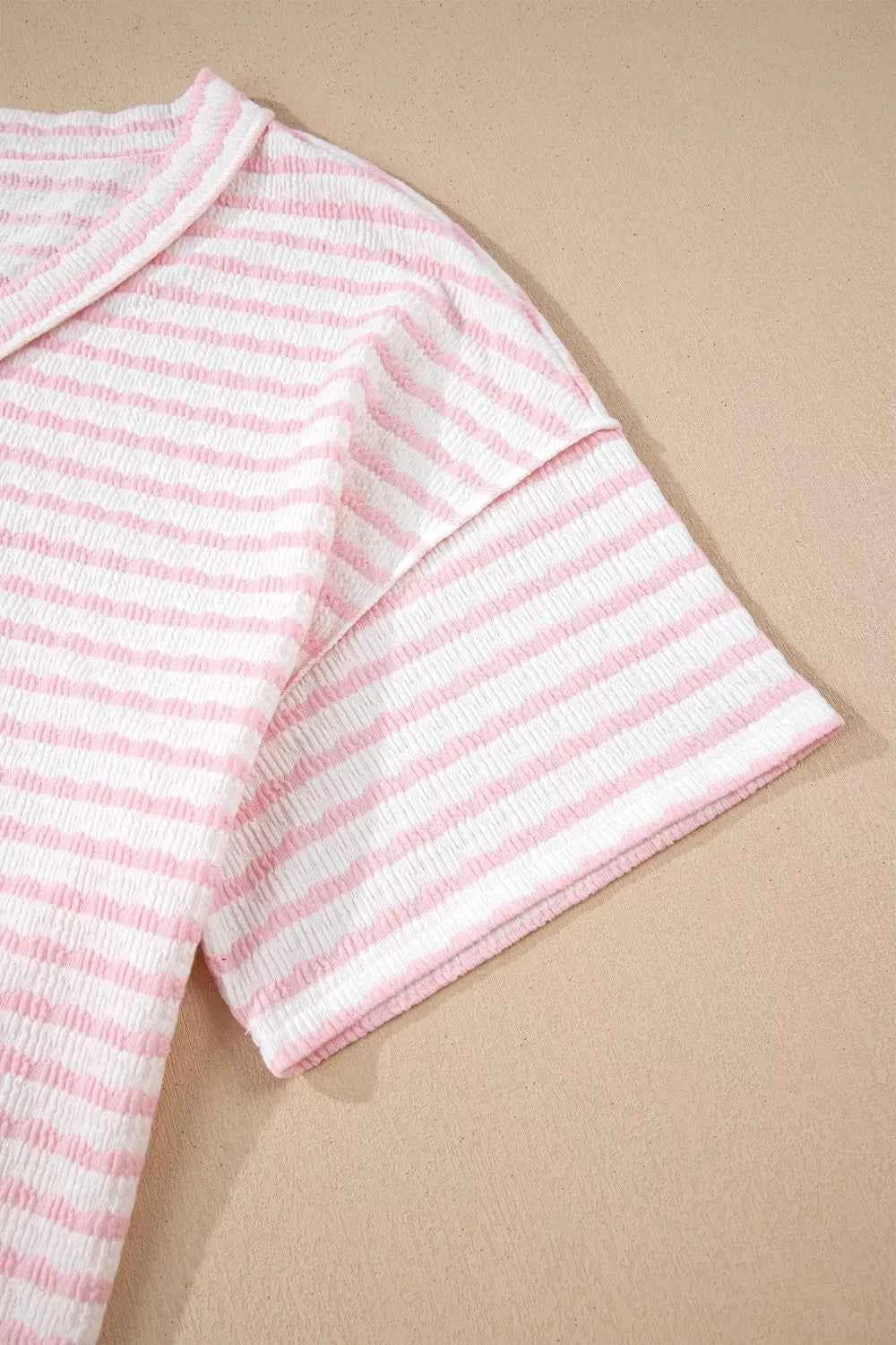 Sarah Express Women's Plus Size Stripe V-Neck T-Shirt with Exposed Seam Patchwork Detail