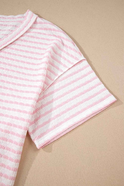 Sarah Express Women's Plus Size Stripe V-Neck T-Shirt with Exposed Seam Patchwork Detail