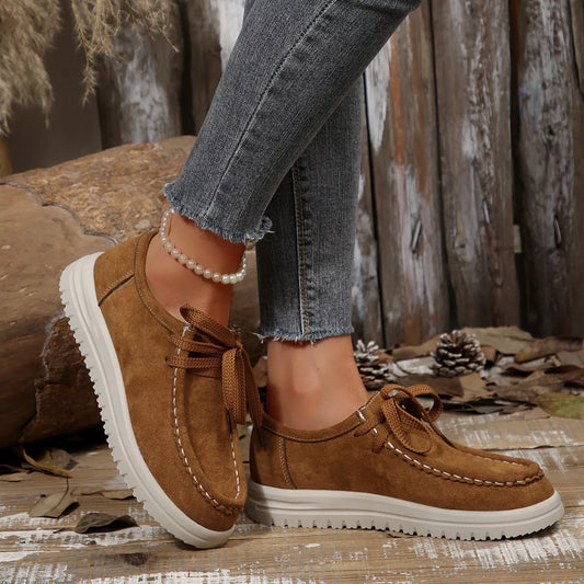 Sarah Express Women's Lace-Up Round Toe Loafers Suede Flat Shoes Casual Comfort Footwear