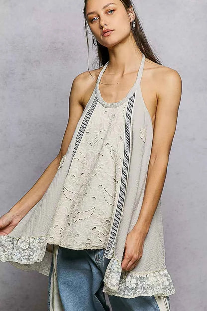 Sarah Express Women's Lace Ruffle Halter Neck Top - Double Gauze Crochet Patch Sleeveless Blouse LIGHT TAUPE
