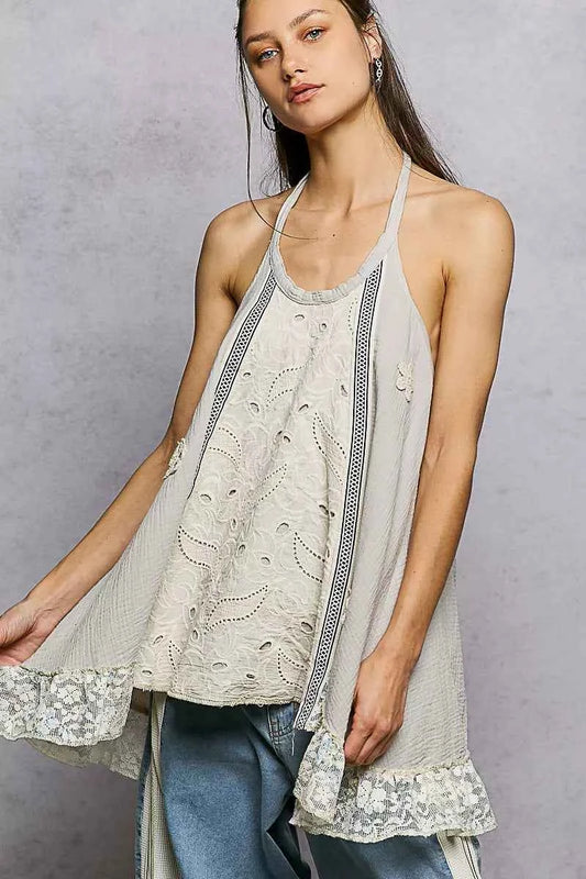Sarah Express Women's Lace Ruffle Halter Neck Top - Double Gauze Crochet Patch Sleeveless Blouse LIGHT TAUPE