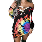 Sarah Express Women's Off-Shoulder Graffiti Print Lace-Up Long Sleeve Top