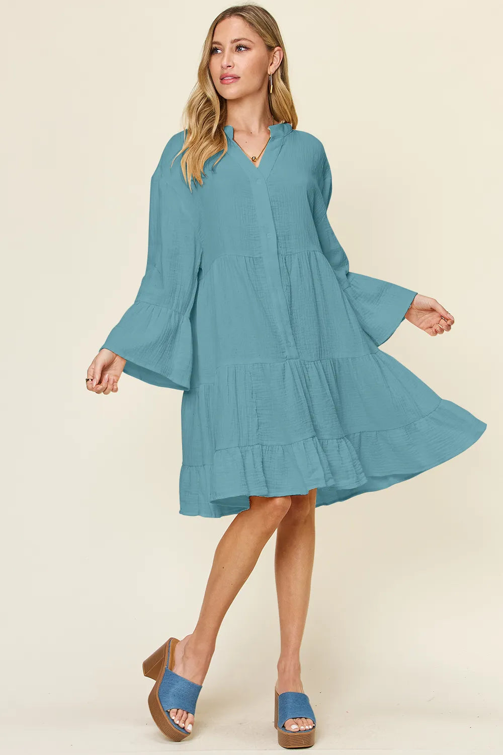 Sarah Express Women's Textured Button Up Ruffle Hem Dress