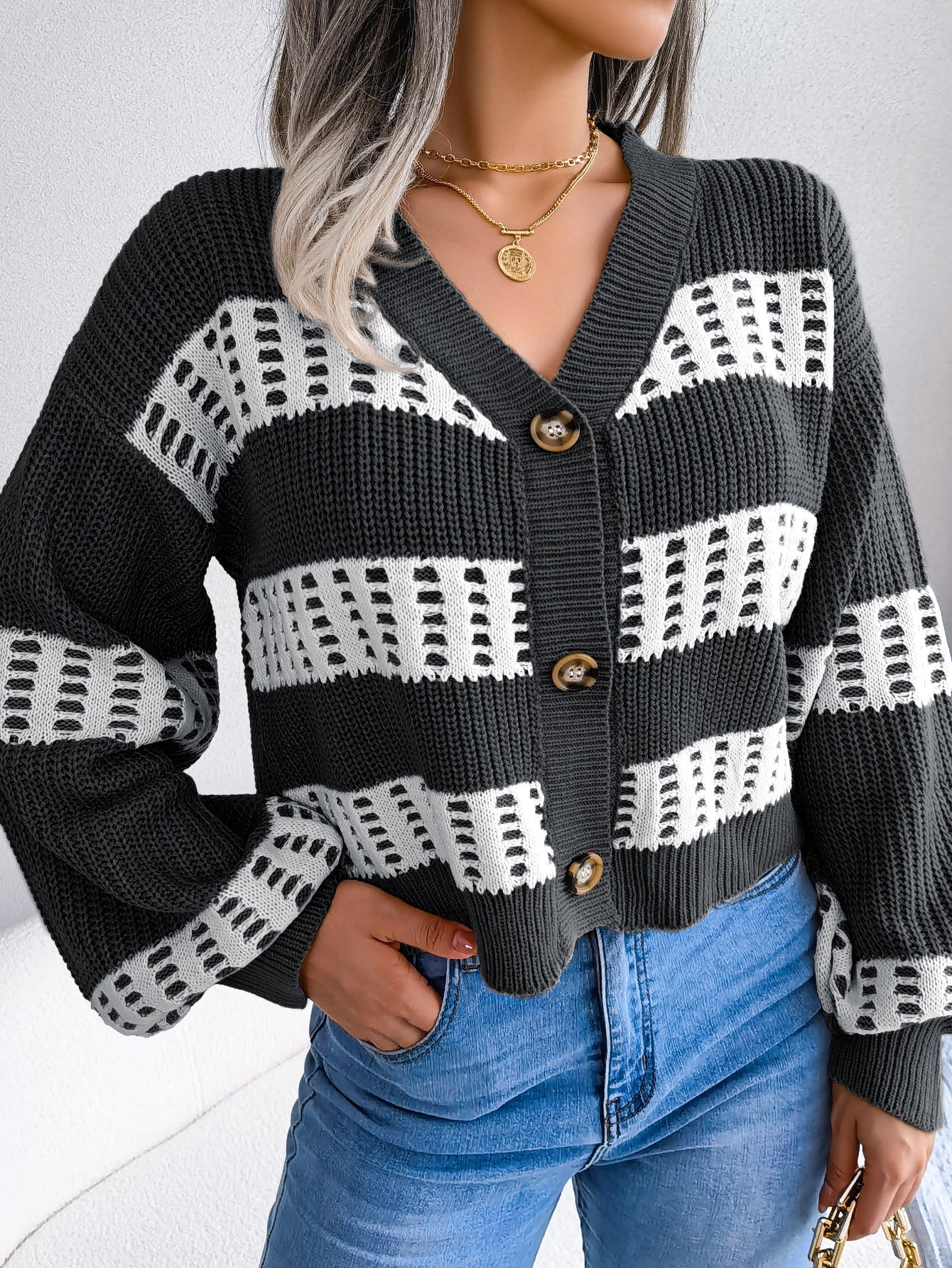 Sarah Express Women's Color Block Lantern Sleeve Cardigan Sweater Coat - Designer Knitwear