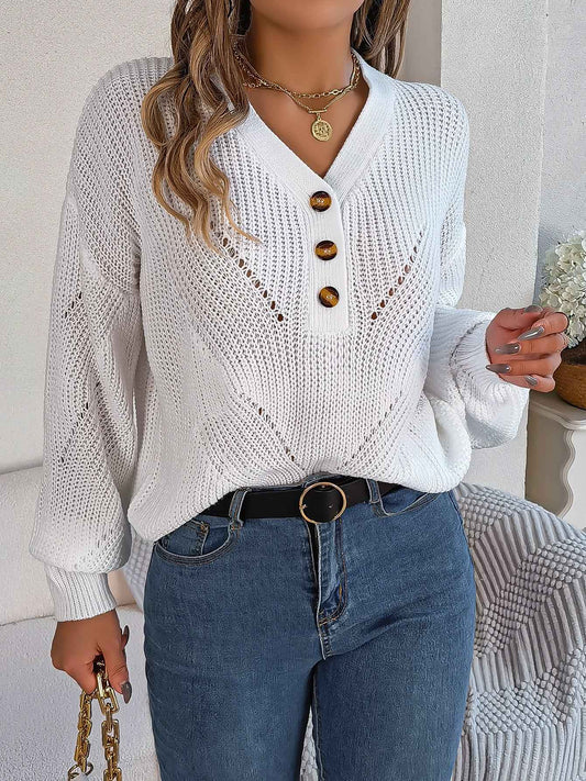 Sarah Express Women's Hollow Out V-Neck Button Lantern Sleeve Pullover Sweater | Sarah Express