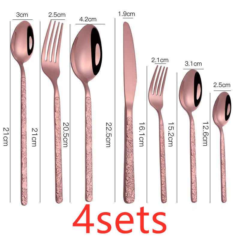 Sarah Express Premium Stainless Steel Steak Knife Fork Set - Embossed Handle Western Cutlery Rose Gold 7PCS 4sets