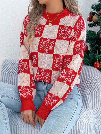 Sarah Express Women's Snowflake Plaid Lantern Sleeve Pullover Sweater - Jacquard Knit