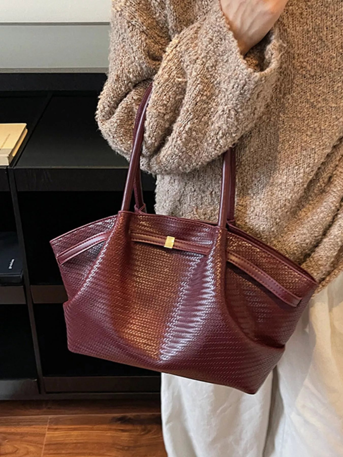 Sarah Express Women's Textured Tote Bag - Large PU Leather Shoulder Bag