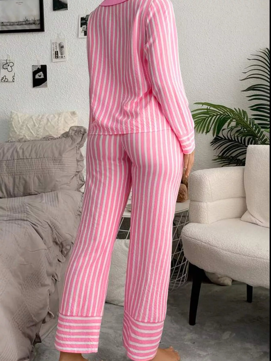 Sarah Express Women's Stripe Buttoned Front Long Sleeve Sleepwear Set