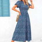 Sarah Express Floral V-Neck Bubble Pleated Maxi Dress Elastic Waist Short Sleeve