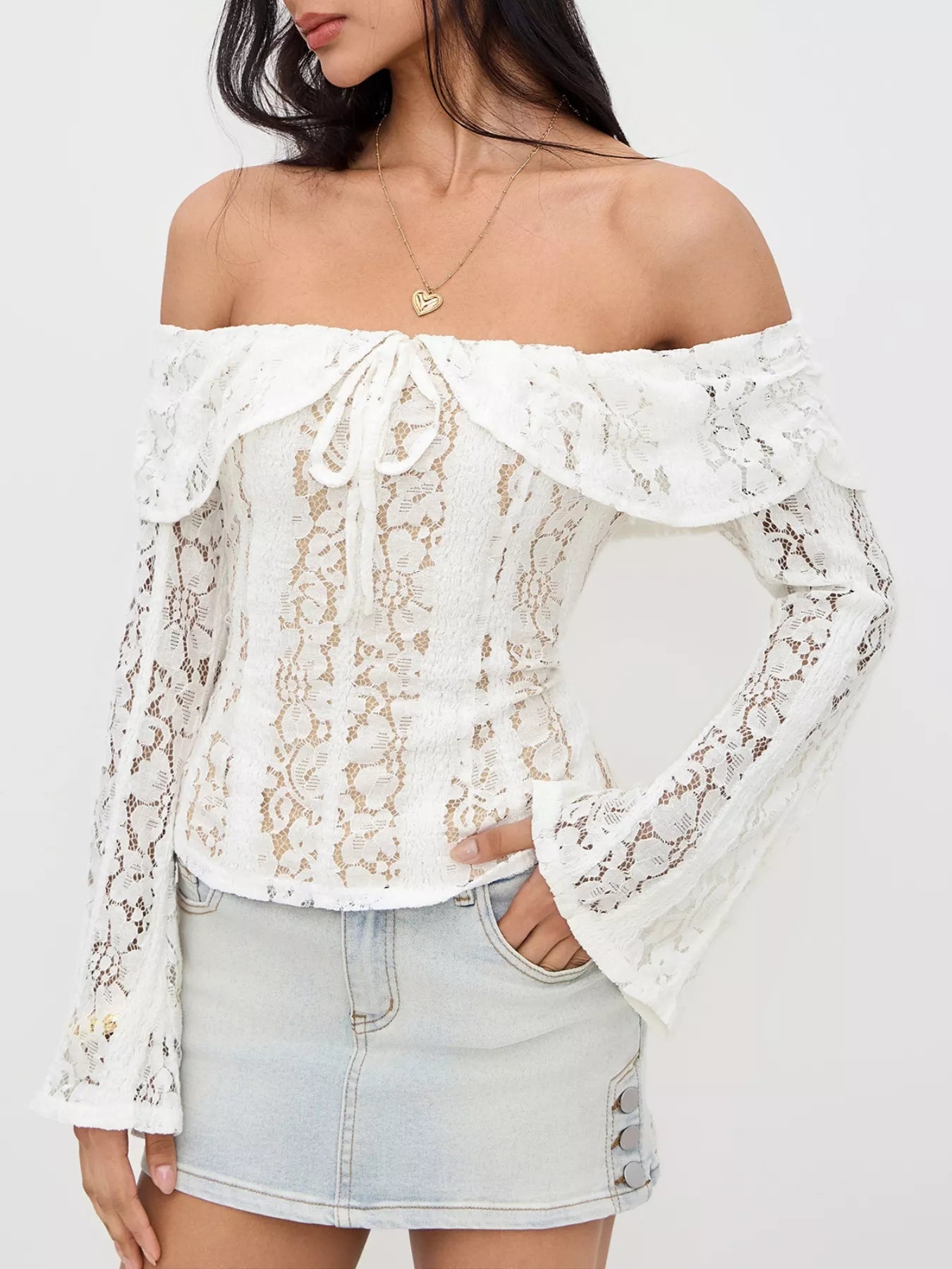 Sarah Express Women's Off-Shoulder Lace Blouse - Sheer Tied Detail White