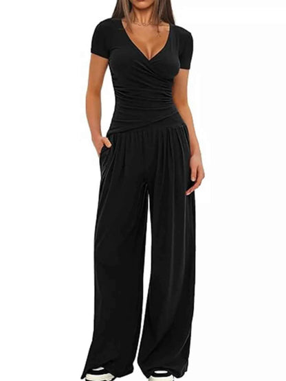Sarah Express Women's Surplice Short Sleeve Top and Pants Set - Two Piece Outfit
