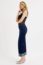 Sarah Express Women’s Plus Size Cropped Wide Leg Jeans with Printed Cuff
