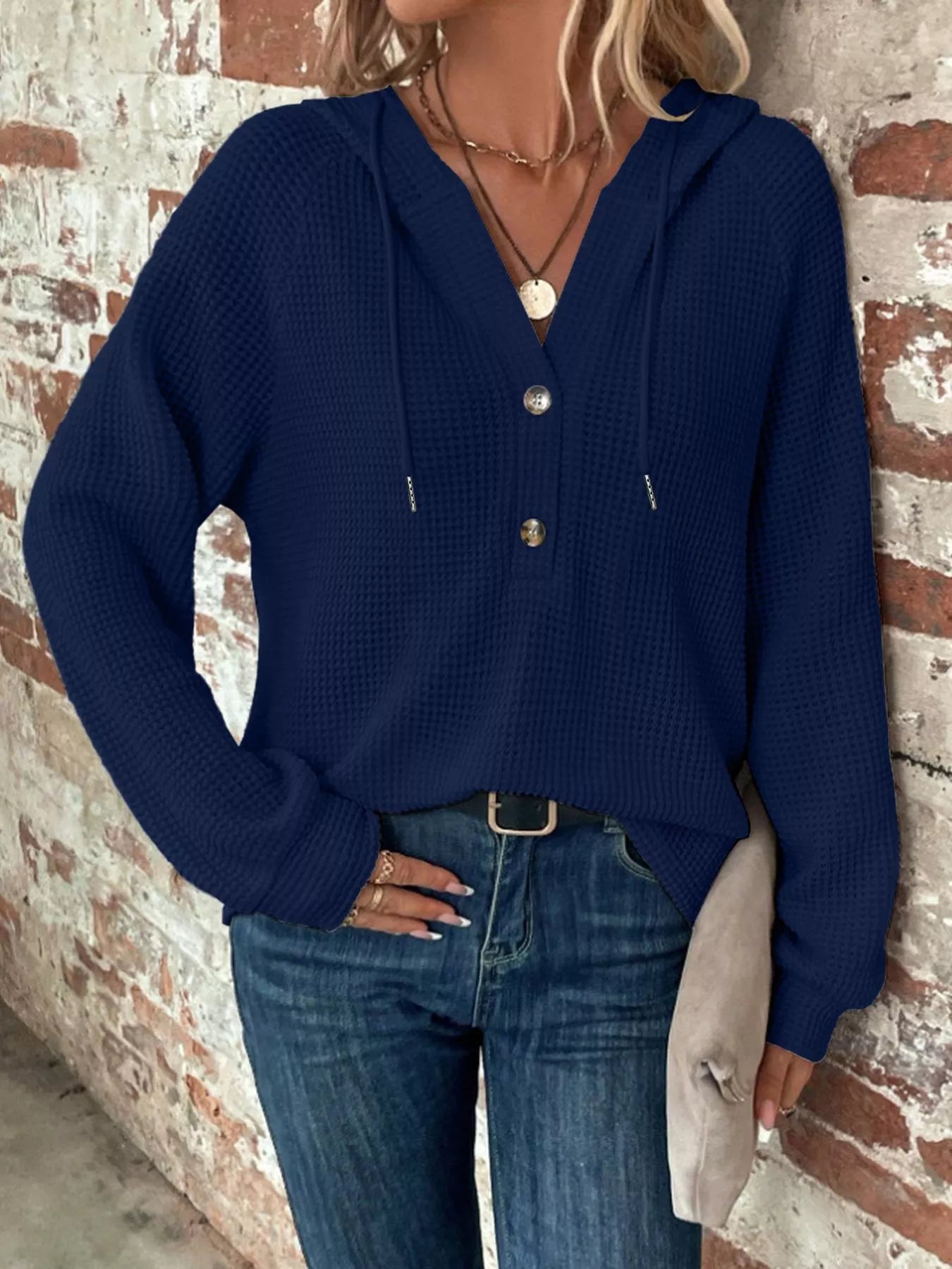 Sarah Express Women's Waffle Knit Button Detail Hoodie Navy