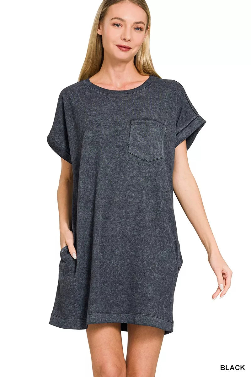 Sarah Express Women's Premium Cotton Washed T-Shirt Dress with Pockets BLACK
