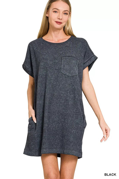 Sarah Express Women's Premium Cotton Washed T-Shirt Dress with Pockets BLACK