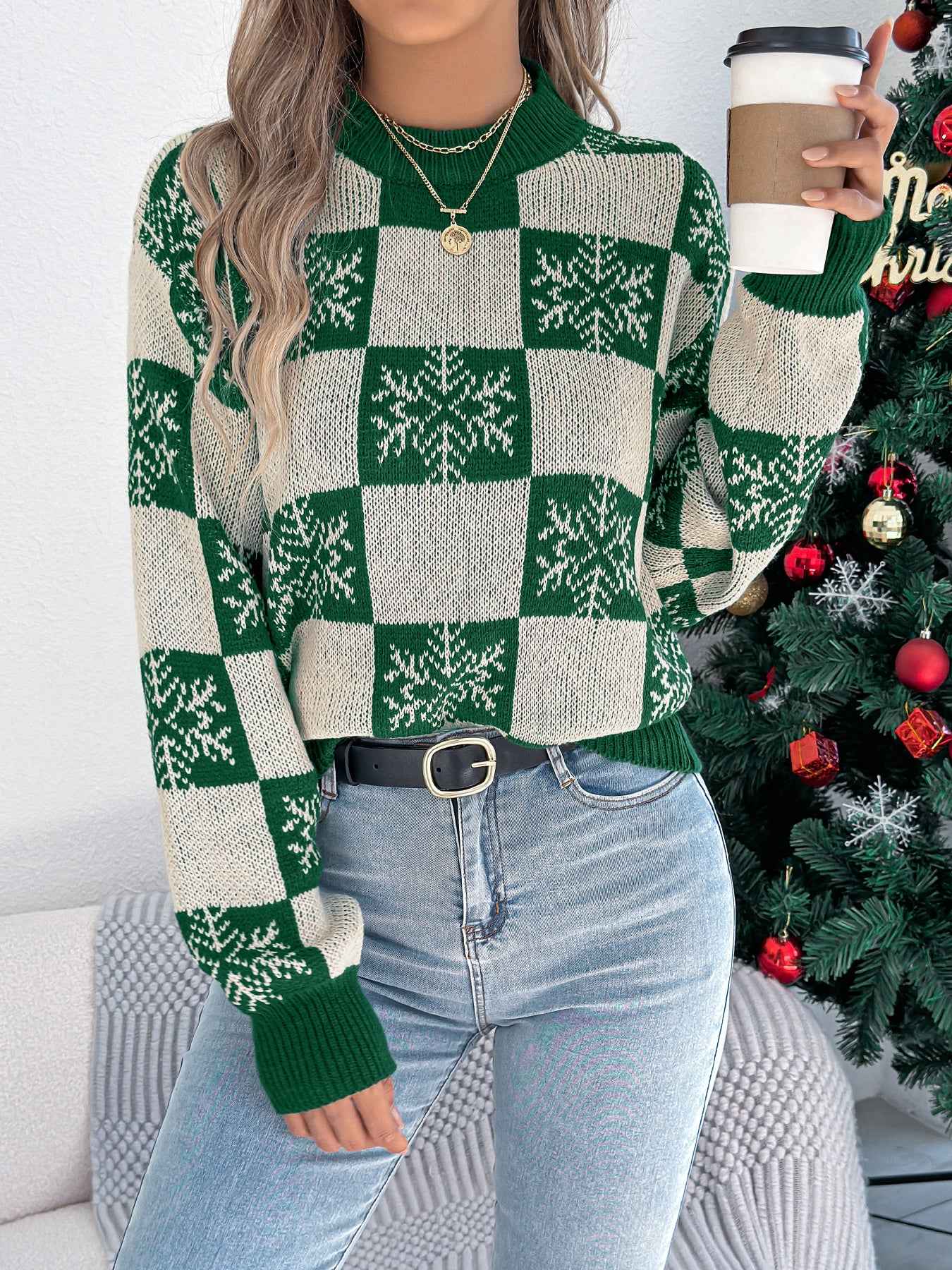Sarah Express Women's Snowflake Plaid Lantern Sleeve Pullover Sweater - Jacquard Knit Green
