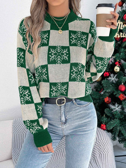 Sarah Express Women's Snowflake Plaid Lantern Sleeve Pullover Sweater - Jacquard Knit Green