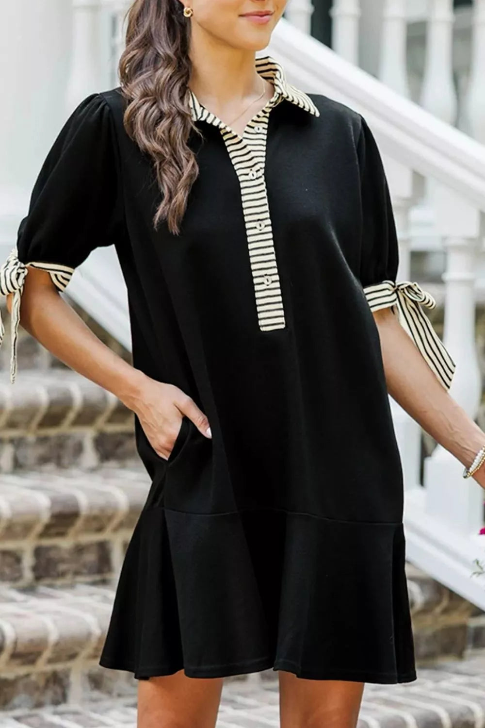 Sarah Express Women's Stripe Detail Polo Collar Half Buttons Tied Short Sleeve Shift Mini Dress