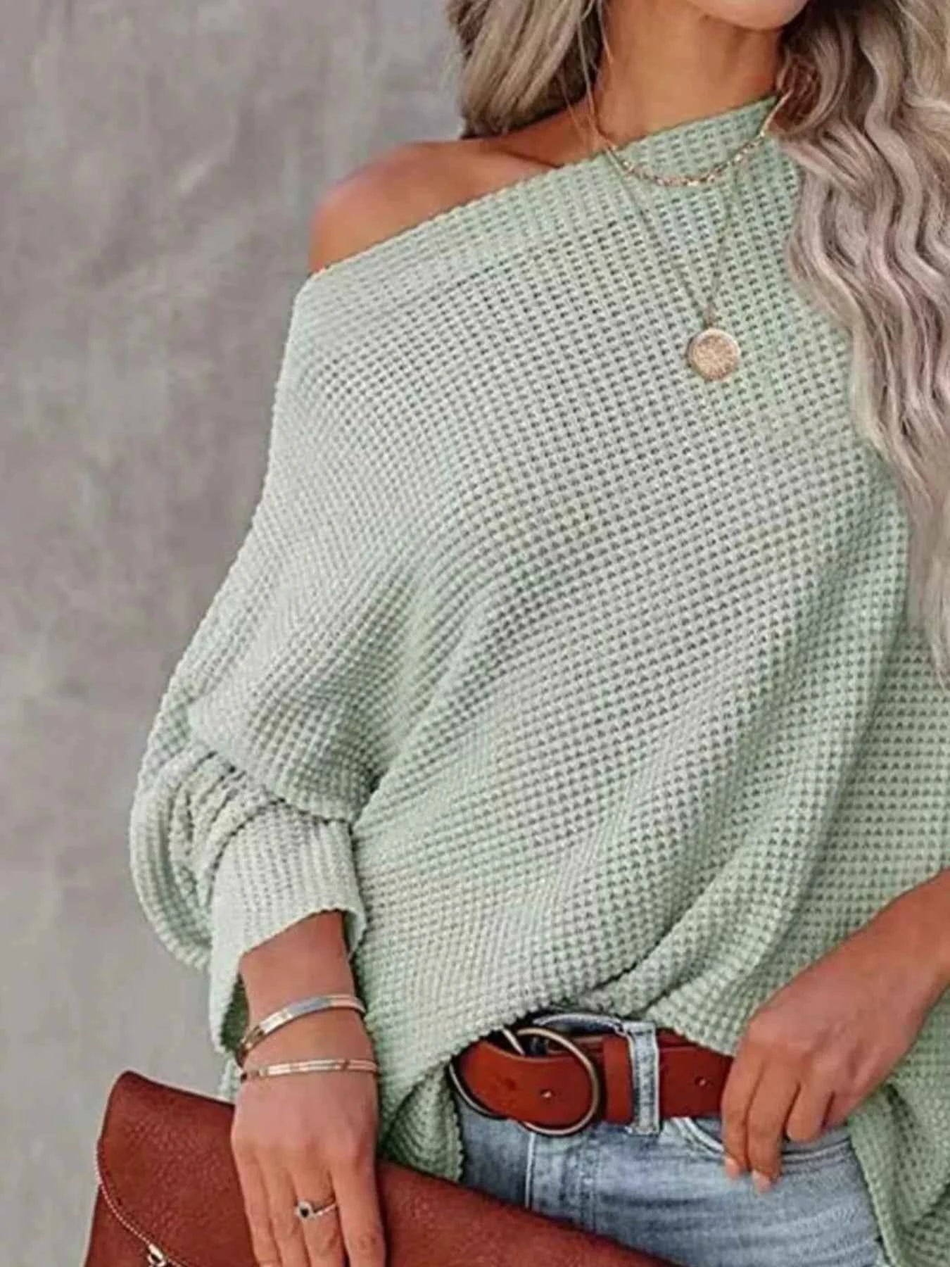 Sarah Express Women's Oversized Waffle Knit Boat Neck T-Shirt