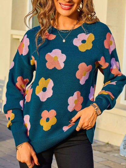 Sarah Express Women's Floral Crew Neck Long Sleeve Sweater Blue