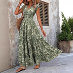 Women's V-Neck Puff Sleeve High Waist Maxi Dress with Flowing Hem