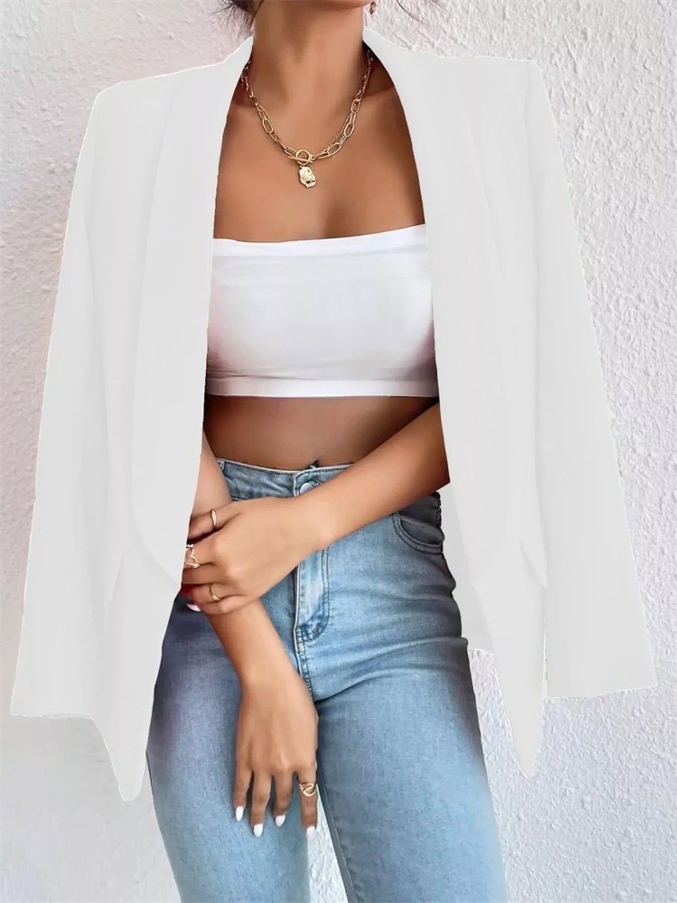 Sarah Express Women's Open Front Casual Blazer Plus Size Long Sleeve Professional Outerwear White