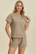 Sarah Express Women’s Plus Size Textured Top and Shorts Lounge Set

