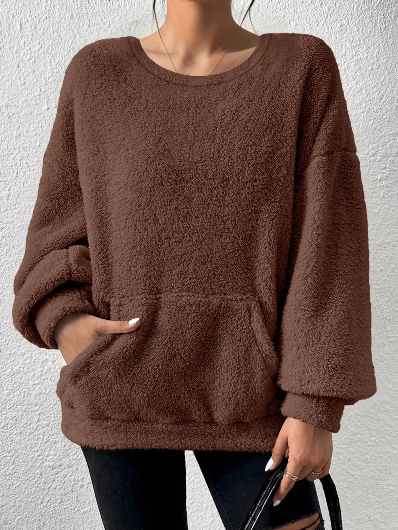 Sarah Express Women's Fleece Round Neck Dropped Shoulder Sweatshirt Plus Size Dark Brown