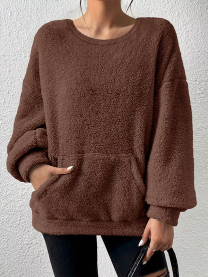 Sarah Express Women's Fleece Round Neck Dropped Shoulder Sweatshirt Plus Size Dark Brown