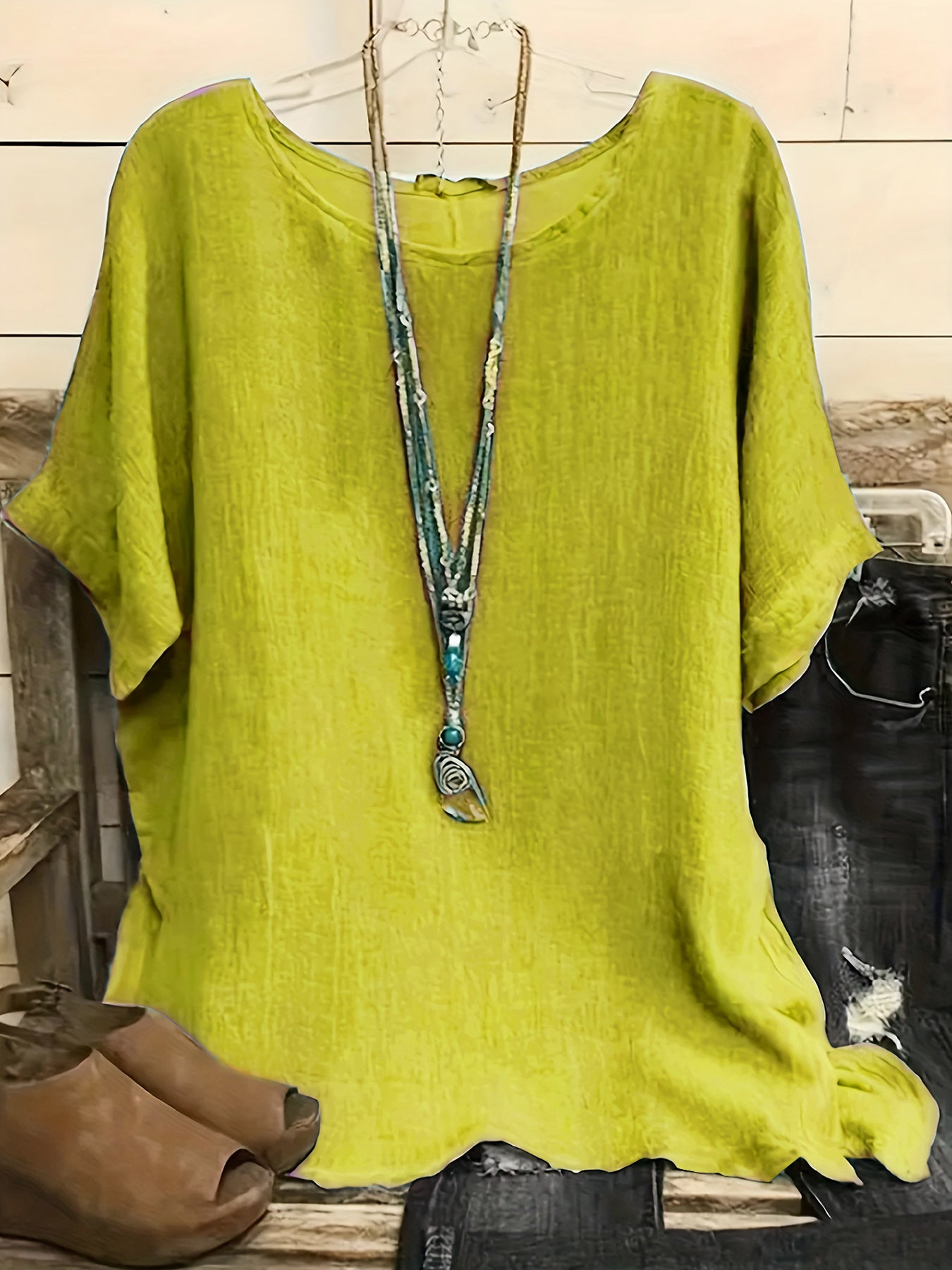 Sarah Express Women's Cotton Blend Round Neck Blouse 3/4 Sleeve Loose Fit Top