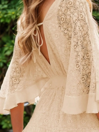 Sarah Express Women's Ruffle Hem Tie Back Lace Mini Dress