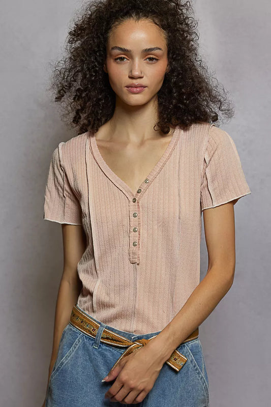 Sarah Express Women's V-Neck Short Sleeve Top with Stitch Seam Detail SOFT PINK