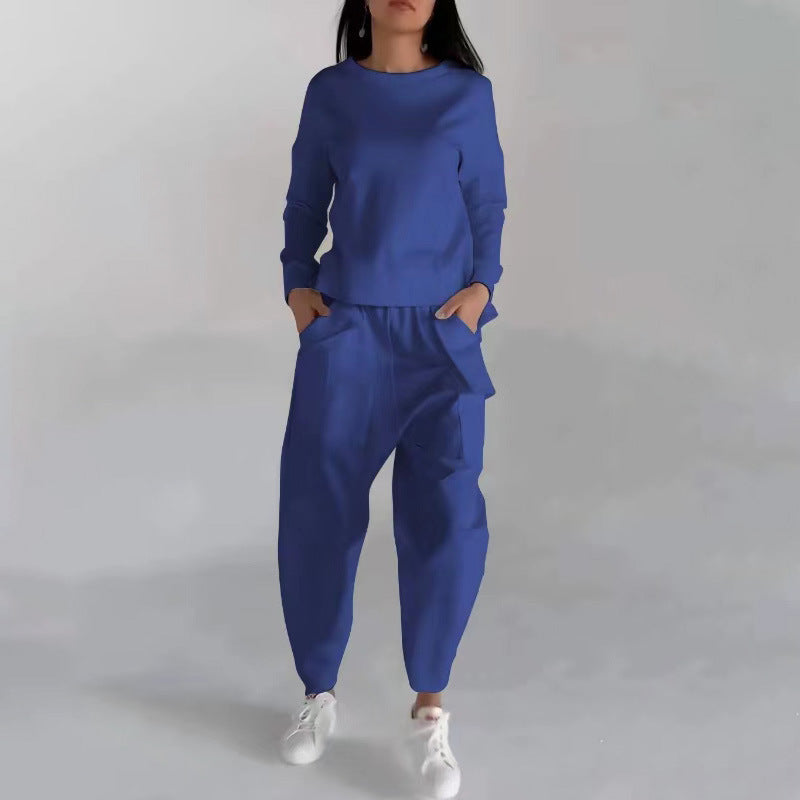 Sarah Express Women's Two Piece Sweatshirt Set - Long Sleeve Top with Back Slit & Loose Trousers with Pockets Blue