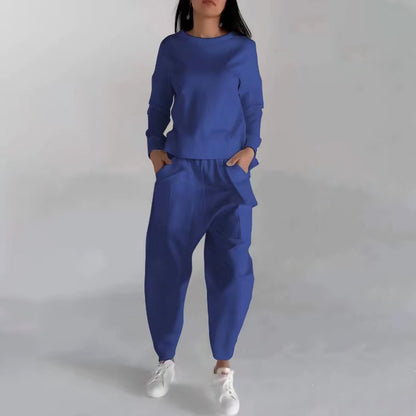 Sarah Express Women's Two Piece Sweatshirt Set - Long Sleeve Top with Back Slit & Loose Trousers with Pockets Blue