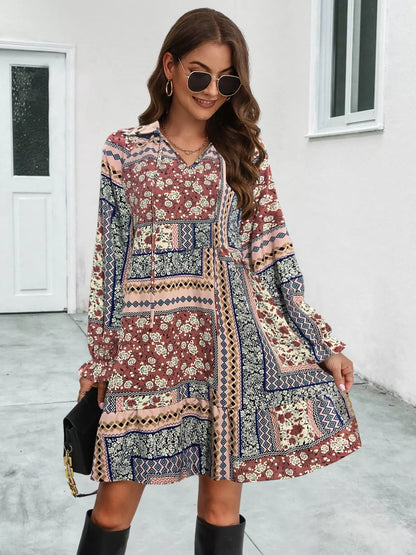 Sarah Express Women's Boho Floral Print Long Sleeve Mini Dress