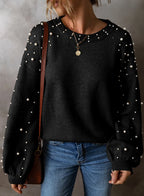 Sarah Express Women's Pearl Detail Round Neck Sweater Long Sleeve Elegant Fall Winter Casual Work