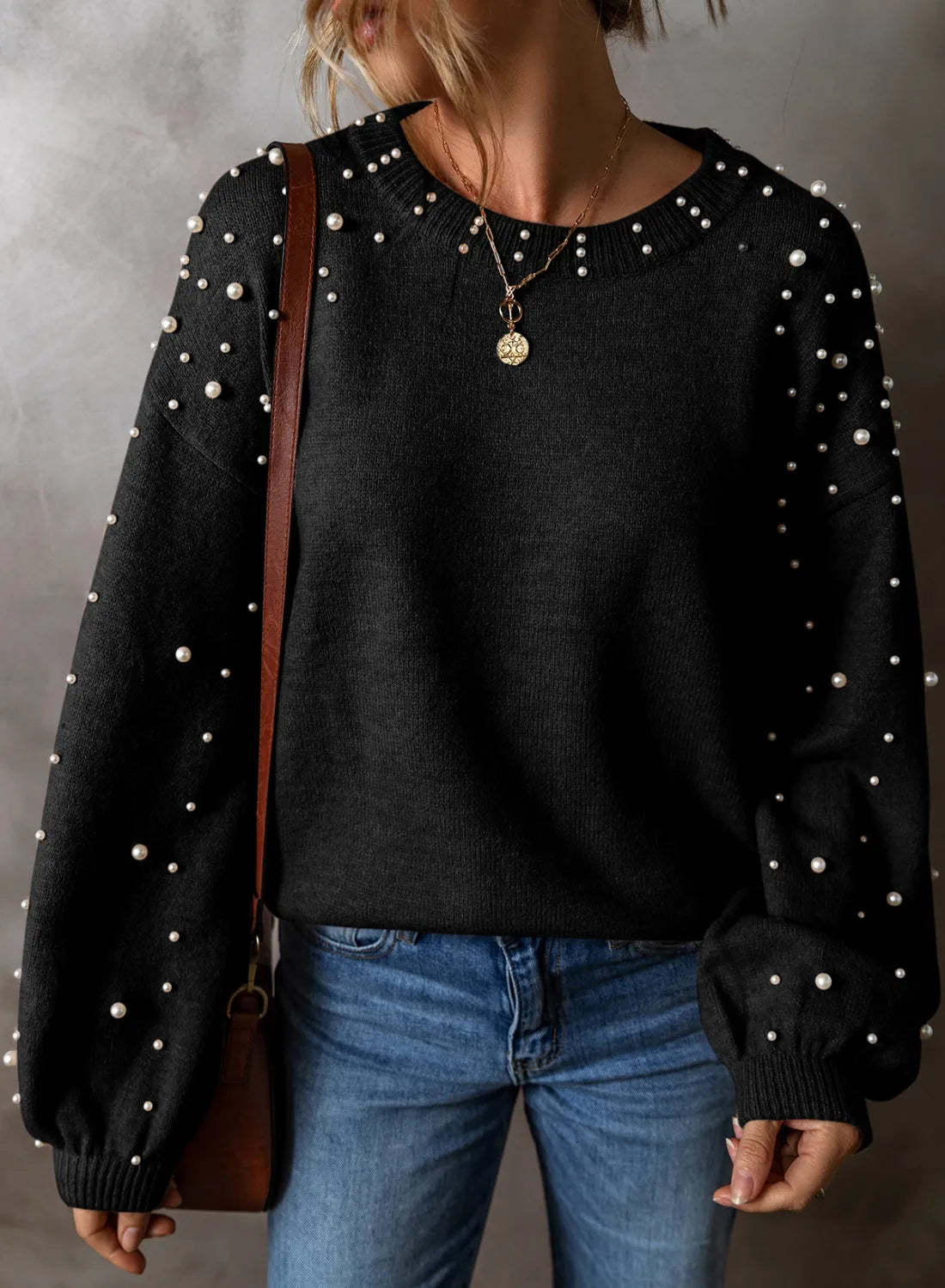 Sarah Express Women's Pearl Detail Round Neck Sweater Long Sleeve Elegant Fall Winter Casual Work