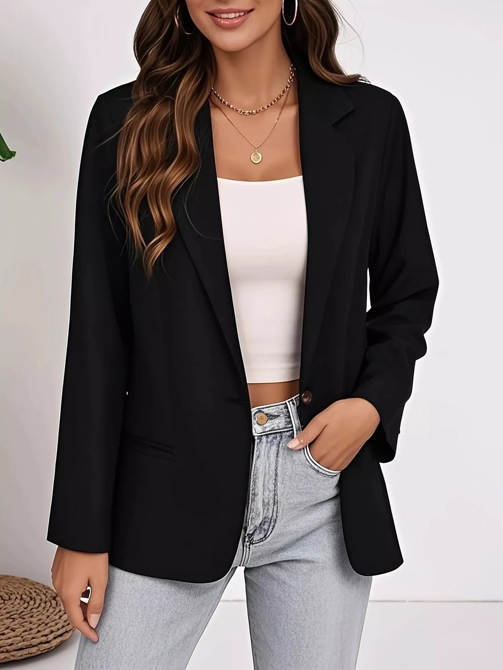 Sarah Express Women's Plus Size Lapel Collar Single-Button Blazer